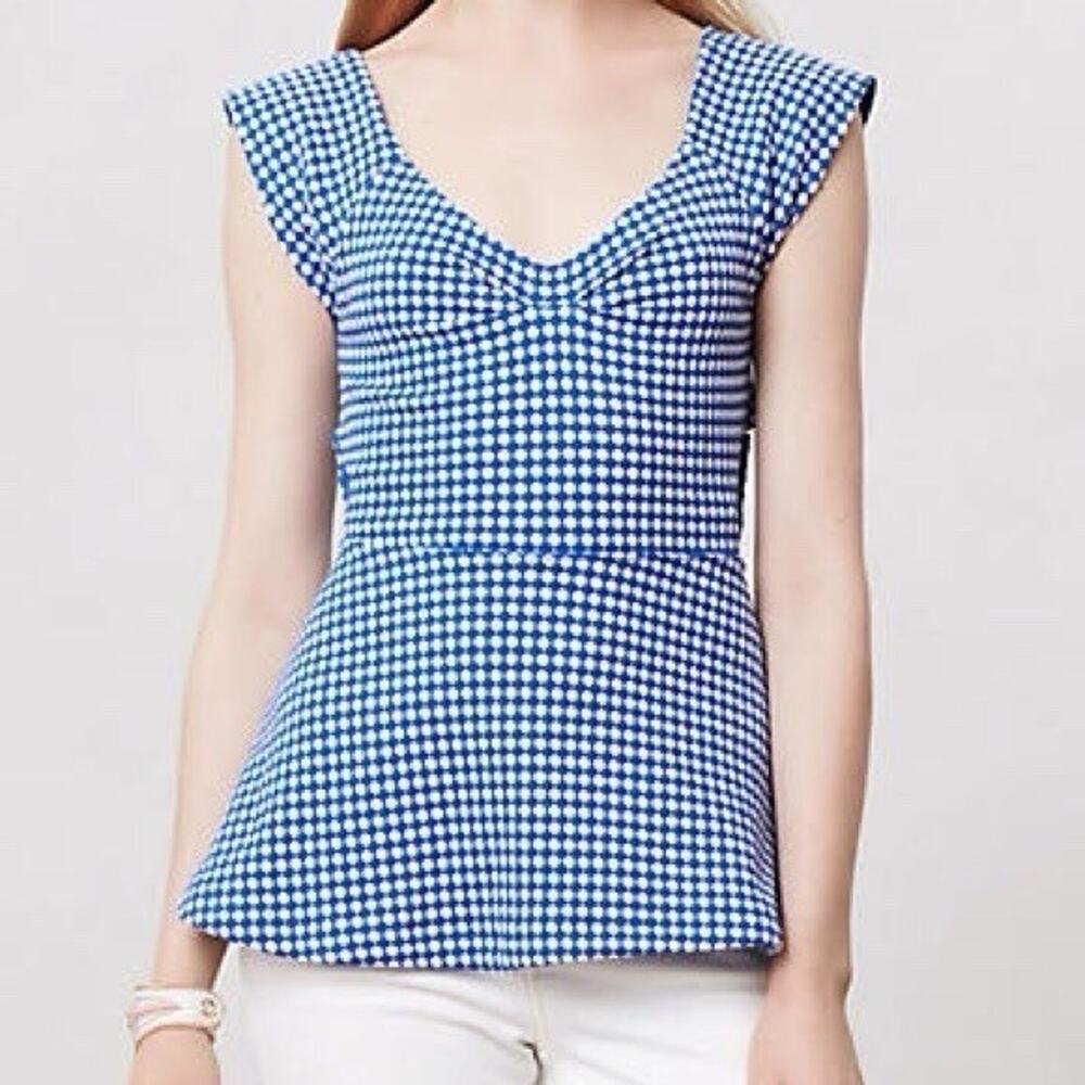 Anthropologie Deletta Womens Blouse Top Peplum Medium Blue White Gingham